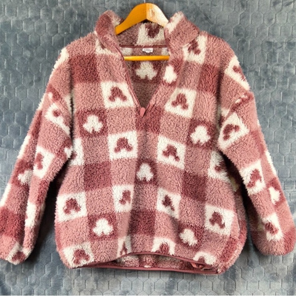 Disney Minnie Mouse Sherpa Fleece Sweater 1/4 Zip Mauve White size Large - Picture 1 of 9